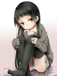 Rule 34 | 1girl, akino shuu, black hair, black thighhighs, brown background, collarbone, collared shirt, commentary request, feet, gradient background, green eyes, grey skirt, grey sweater, iroha natsume, long hair, long sleeves, no shoes, original, panties, plaid, plaid skirt, pleated skirt, shirt, sitting, skirt, sleeves past wrists, solo, striped clothes, striped panties, sweater, thighhighs, twitter username, underwear, very long hair, white background, white shirt
