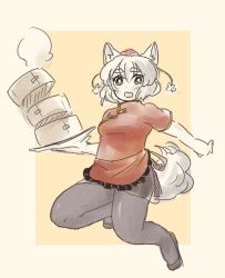 Rule 34 | 1girl, alternate costume, animal ears, bad id, bad pixiv id, bamboo steamer, breasts, carrying, chinese clothes, female focus, inubashiri momiji, lowres, medium breasts, pantyhose, plump, short sleeves, solo, tail, touhou, tsuga, white hair, wolf ears, wolf tail