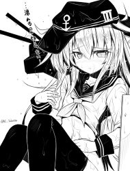 Rule 34 | 10s, 1girl, ai takurou, anchor symbol, blush, bottomless, eyebrows, flat cap, greyscale, hair between eyes, hand on own stomach, hat, hibiki (kancolle), kantai collection, long hair, long sleeves, looking at viewer, monochrome, navel, neckerchief, nose blush, school uniform, serafuku, sidelocks, simple background, sitting, sketch, solo, stomach, tears, thighhighs, translation request, twitter username, wet, wet clothes, white background