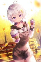 Rule 34 | 1girl, autumn, bench, blush, commentary request, food, glasses, hair ornament, highres, hood, hoodie, ice cream, leaf, long sleeves, looking at viewer, nanohana kohina, original, purple eyes, short hair, simple background, solo, spring (season), whipped cream, white hair