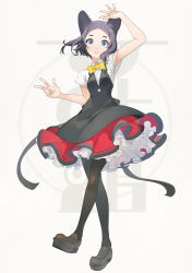 Rule 34 | 1girl, animal ears, arm up, bare arms, black dress, black pantyhose, brown footwear, cat ears, commentary request, dress, frills, full body, highres, looking at viewer, original, pantyhose, parted bangs, red dress, shirt, shoes, short sleeves, slit pupils, smile, solo, w, white shirt, yunar