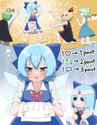 Rule 34 | 4girls, absurdres, antennae, black cape, black skirt, black vest, blonde hair, blue bow, blue dress, blue eyes, blue hair, blue skirt, blue vest, blush, bow, cape, cirno, collared shirt, daiyousei, dress, fairy, fumo (doll), green eyes, green hair, hair between eyes, hair bow, hair ribbon, highres, holding, holding paper, ice, ice wings, imagining, long hair, long sleeves, mikan (manmarumikan), multiple girls, one eye closed, open mouth, paper, pencil, red eyes, red ribbon, ribbon, rumia, shirt, short hair, short sleeves, side ponytail, skirt, smile, touhou, vest, white shirt, wings, wriggle nightbug