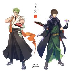 Rule 34 | 2boys, achilles (fate), alternate costume, annoyed, baggy clothes, black gloves, black scarf, brown hair, closed mouth, facepaint, facial hair, facial mark, fate/apocrypha, fate/grand order, fate (series), full body, gloves, goatee, goya (xalbino), green hair, green kimono, hagoita, hanetsuki, hector (fate), highres, holding, japanese clothes, kimono, looking at viewer, male focus, manly, multiple boys, paddle, paint, paint splatter, paint splatter on face, sandals, sash, scarf, signature, standing, white background, wide sleeves, yellow eyes