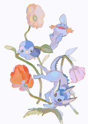 Rule 34 | 3others, :3, beak, black sclera, blue fur, bright pupils, colored sclera, commentary, creature, creatures (company), fins, fish tail, floating, flower, game freak, gen 1 pokemon, gen 3 pokemon, gen 4 pokemon, grey background, head fins, highres, hinann bot, mudkip, multiple others, nintendo, no humans, orange flower, pink flower, piplup, plant, pokemon, pokemon (creature), poppy (flower), smile, tail, vaporeon, white pupils