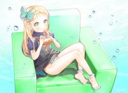 Rule 34 | 1girl, blonde hair, blush, bow, bubble, couch, dress, eating, feet, food, gradient background, green eyes, green upholstery, hair bow, highres, legs, lining, long hair, ondo (shinm02), original, panties, puffy sleeves, sandwich, see-through, short sleeves, sitting, socks, soles, solo, sparkle, spread toes, striped clothes, striped panties, toes, underwear