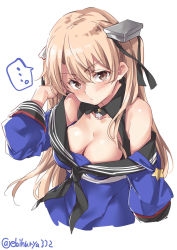 Rule 34 | ..., 1girl, black ribbon, blue shirt, blush, breasts, brown eyes, cleavage, closed mouth, ebifurya, hair between eyes, hair ornament, hair ribbon, hand in own hair, highres, johnston (kancolle), kantai collection, large breasts, light brown hair, long hair, long sleeves, looking at viewer, off shoulder, ribbon, sailor collar, school uniform, serafuku, shirt, simple background, solo, twitter username, two side up, united states medal of honor, white background