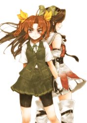 Rule 34 | &gt;:|, 10s, 2girls, :|, ahoge, arimura yuu, bare shoulders, bike shorts, brown hair, collared shirt, detached sleeves, gloves, grey skirt, hair intakes, hair ribbon, half updo, holding hands, highres, interlocked fingers, jintsuu (kancolle), kagerou (kancolle), kantai collection, long hair, looking at viewer, multiple girls, neck ribbon, pleated skirt, purple eyes, remodel (kantai collection), ribbon, school uniform, serafuku, shirt, shorts under skirt, simple background, skirt, thighhighs, twintails, v-shaped eyebrows, vest, white background, white gloves, yellow ribbon