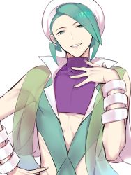 Rule 34 | 1boy, bangle, bracelet, commentary request, covered collarbone, creatures (company), crop top, game freak, green hair, gym leader, hand on own hip, hand up, hat, high collar, highres, jewelry, male focus, midriff, nintendo, parted lips, pokemon, pokemon oras, purple shirt, shirt, skin tight, sleeveless, sleeveless shirt, smile, solo, translation request, tudurimike, twitter username, upper body, wallace (pokemon), white background, white hat