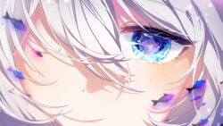 1girl blue_eyes chinese_commentary commentary_request earth_(planet) eye_focus eye_reflection fish hair_between_eyes honkai_(series) honkai_impact_3rd kiana_kaslana kiana_kaslana_(herrscher_of_finality) looking_ahead mangzhi_yaoyao one_eye_covered planet purple_pupils reflection smile solo star-shaped_pupils star_(symbol) symbol-shaped_pupils white_hair