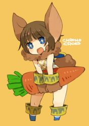Rule 34 | 1girl, animal ears, bad id, bad twitter id, blue eyes, breasts, brown hair, carrot, chrono cross, cleavage cutout, clothing cutout, fur, gloves, janice, looking at viewer, mota, open mouth, rabbit ears, short hair, simple background, smile, solo, tail