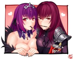 Rule 34 | 2girls, armor, black ribbon, blush, bodysuit, border, box, breast press, breasts, cleavage, dress, fate/grand order, fate (series), feather trim, fingernails, food, fur-trimmed dress, fur trim, hair between eyes, hair intakes, headpiece, heart, large breasts, leotard, light blush, long hair, looking at viewer, mouth hold, multiple girls, okitakung, pauldrons, pink background, pocky, pocky day, purple bodysuit, purple dress, purple hair, purple leotard, red eyes, ribbon, scathach (fate), scathach skadi (fate), shoulder armor, signature, symmetrical docking, tiara