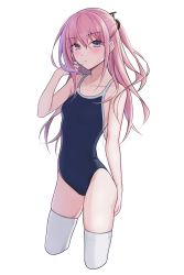 Rule 34 | 1girl, blue one-piece swimsuit, blush, breasts, collarbone, competition school swimsuit, girls&#039; frontline, hair between eyes, hair ornament, hair ribbon, hairclip, hand in own hair, highres, long hair, looking at viewer, one-piece swimsuit, pink hair, purple eyes, qb 516, ribbon, school swimsuit, small breasts, solo, st ar-15 (girls&#039; frontline), swimsuit, thighhighs, white background, white thighhighs