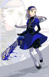 Rule 34 | 1girl, absurdres, black bloomers, black footwear, black gloves, blood, bloomers, blue blood, blue dress, blue hairband, butterfly hair ornament, chainsaw, character name, commentary, dress, elbow gloves, floating clothes, floating hair, flower, frilled hairband, frills, full body, gloves, hair flower, hair ornament, hairband, high heels, highres, holding, holding chainsaw, lavenza (persona 5), light brown hair, lips, long hair, looking afar, parted lips, persona, persona 5, puffy short sleeves, puffy sleeves, pumps, short sleeves, signature, simple background, solo, spoilers, standing, straight hair, swept bangs, turtleneck, underwear, very long hair, white background, yellow eyes, yellow flower, yokaroni, zoom layer