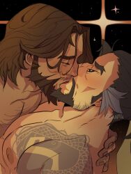 Rule 34 | 2boys, asian, bara, beard, beard stubble, blush, brown hair, cassidy (overwatch), chest tattoo, closed eyes, facial hair, from side, half-closed eyes, hanzo (overwatch), highres, interracial, kauv (k4uvpix), kiss, large pectorals, long sideburns, male focus, mature male, multiple boys, muscular, muscular male, mustache stubble, nipples, nude, overwatch, overwatch 1, pectoral docking, pectoral press, pectorals, short hair, sideburns, star (symbol), starry background, stubble, tattoo, thick eyebrows, yaoi