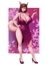 Rule 34 | 1girl, animal ears, bare shoulders, border, breasts, brown hair, cleavage, commission, cup, dress, erkaz, flower, furry, furry female, hand on own hip, hand up, high heels, highres, holding, holding cup, huge breasts, long hair, original, pink flower, purple dress, purple eyes, purple footwear, side slit, solo, tail, white border