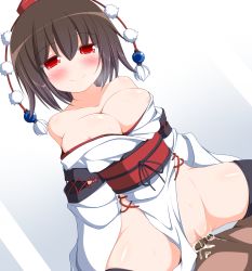 Rule 34 | 1girl, bare shoulders, black thighhighs, blush, bottomless, breasts, brown hair, censored, cleavage, clothed sex, cum, cum in pussy, drunk, girl on top, happy sex, hat, hetero, highres, japanese clothes, kourindou tengu costume, large breasts, md5 mismatch, mosaic censoring, nikku (ra), nipples, no panties, obi, off shoulder, penis, pom pom (clothes), pussy, red eyes, sash, sex, shameimaru aya, short hair, smile, solo focus, spread legs, sweat, tears, thighhighs, tokin hat, touhou, vaginal