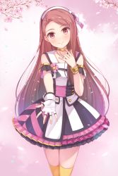 Rule 34 | 1girl, brown eyes, brown hair, cherry blossoms, dress, fingerless gloves, gloves, hairband, idolmaster, idolmaster (classic), long hair, minase iori, outstretched hand, solo, very long hair, yokaze japan