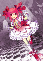 Rule 34 | 10s, 1girl, bow, bubble skirt, checkered floor, dress, gloves, hair bow, jewelry, kaname madoka, magical girl, mahou shoujo madoka magica, mahou shoujo madoka magica (anime), necklace, open mouth, pink dress, pink hair, pink skirt, red eyes, running, shirokitsune, shoes, short hair, skirt, solo, tears, tile floor, tiles, twintails, white gloves