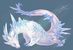 Rule 34 | animal focus, blue background, blue eyes, blue pupils, claws, crystal, crystallization, dragon, from side, full body, material growth, no humans, original, signature, simple background, solo, tail, yamamura le