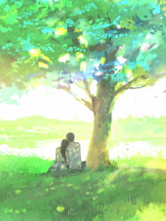 Rule 34 | 1boy, 1girl, blouse, braid, braided ponytail, dappled sunlight, day, facing away, grass, hand on another&#039;s shoulder, hetero, lake, long hair, long sleeves, mountain, nature, original, outdoors, pon (cielo), shirt, short hair, side-by-side, sitting, sunlight, tree, tree shade, white shirt