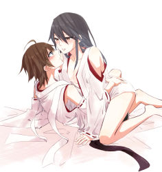 Rule 34 | 10s, 2girls, bare legs, black hair, blush, breasts, brown eyes, brown hair, collarbone, gogono pan&#039;ya, haruna (kancolle), hiei (kancolle), highres, kantai collection, medium breasts, multiple girls, nontraditional miko, personification, white background, yuri