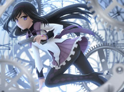 Rule 34 | 1girl, akemi homura, argyle, argyle clothes, argyle legwear, black pantyhose, blurry, boots, depth of field, finger on trigger, from side, gears, gun, hairband, high heel boots, high heels, holding, holding gun, holding weapon, jewelry, knee up, long hair, looking at viewer, mahou shoujo madoka magica, mahou shoujo madoka magica (anime), pantyhose, parted lips, purple eyes, purple skirt, ring, siraha, skirt, solo, tsurime, weapon