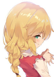 Rule 34 | 1girl, alternate hairstyle, blonde hair, blush, braid, braided ponytail, dress, fingers together, frilled dress, frilled sleeves, frills, from behind, green eyes, idolmaster, idolmaster cinderella girls, kyou (kyo u), looking at viewer, looking back, own hands together, sakurai momoka, simple background, smile, solo, steepled fingers, upper body, white background