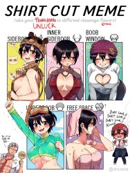 Rule 34 | &gt; &lt;, 1boy, 1girl, abs, andy (undead unluck), artist request, beanie, black hair, breasts, brown eyes, cleavage, cleavage cutout, closed eyes, clothing cutout, dress, embarrassed, english text, eyelashes, grey hair, happy, hat, heart cutout, highres, izumo fuuko, large breasts, meme, meme attire, multiple drawing challenge, necktie, red dress, rusky, shirt, shirt cut meme, short hair, sideboob, simple background, smile, snorkel, source request, sweater, undead unluck, underboob, virgin killer sweater, white background, white shirt