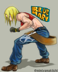 Rule 34 | 1girl, abs, ass, baggy pants, bare shoulders, belt, blonde hair, blue eyes, blue mary, crop top, fatal fury, fingerless gloves, gloves, halterneck, highres, midriff, mimiyama kiichi, muscular, muscular female, pants, short hair, snk, solo, straight hair, the king of fighters