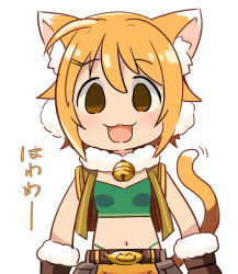Rule 34 | 1girl, :3, :d, ahoge, animal ear fluff, animal ears, bell, belt, blonde hair, brown belt, brown gloves, brown vest, cat ears, cat girl, cat tail, crop top, earmuffs, empty eyes, fur-trimmed gloves, fur collar, fur trim, gloves, green panties, hair ornament, hairclip, highleg, highleg panties, hiyori (princess connect!), jingle bell, looking at viewer, motion lines, navel, no nose, open clothes, open mouth, open vest, orange eyes, panties, princess connect!, short hair, simple background, smile, solo, tail, tail raised, underwear, vest, white background, youhei 64d