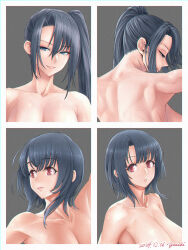 Rule 34 | 1girl, 2girls, arm up, black hair, blue eyes, breasts, cleavage, commission, completely nude, hair between eyes, highres, kantai collection, large breasts, long hair, looking at viewer, multiple girls, multiple views, nachi (kancolle), nude, parted lips, ponytail, red eyes, short hair, side ponytail, signature, simple background, skeb commission, takao (kancolle), upper body, yuichi (sp sakura yoshi)