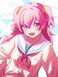 Rule 34 | 1girl, :d, blush, buttons, cardigan, crossed bangs, dot nose, fang, hair between eyes, hand on own hip, heart, highres, long hair, long sleeves, looking at viewer, mishio (misio 40), momoi airi, neckerchief, open mouth, pink eyes, pink hair, project sekai, red neckerchief, sailor collar, school uniform, sidelocks, skin fang, smile, solo, two side up, upper body, white sailor collar, yellow cardigan