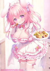 Rule 34 | 1girl, animal ears, bow, bow legwear, breasts, cookie, cowboy shot, dress, eating, food, holding, holding cookie, holding food, large breasts, melonbooks, oppai loli, original, pink bow, pink eyes, pink hair, rabbit ears, rabbit girl, thighhighs, two side up, usashiro mani, white thighhighs