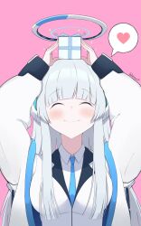Rule 34 | 1girl, ^ ^, arms up, birthday, blue archive, blue necktie, blush, box, box on head, breasts, caff (aosui9), closed eyes, closed mouth, coat, collared shirt, gift, gift box, grey hair, halo, heart, highres, jacket, long hair, long sleeves, medium breasts, necktie, noa (blue archive), open clothes, open coat, pink background, shirt, solo, sparkle, spoken heart, twitter username, upper body, white coat, white jacket, white shirt