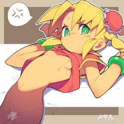 Rule 34 | 1girl, anger vein, blonde hair, blush, bottomless, braid, breasts, censored, closed mouth, commentary request, ginga rekkyuu yatai tobiuchi, green eyes, hair between eyes, hair bun, hakobi (tobiuchi), looking at viewer, lying, metata, navel, on back, short hair, single hair bun, small breasts, solo, spoken anger vein, sweat, twin braids