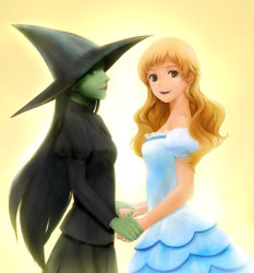 Rule 34 | 2girls, :d, bad id, bad pixiv id, bare shoulders, black hair, blonde hair, colored skin, dress, elphaba, glinda, gown, green eyes, green skin, holding hands, hat, long hair, multiple girls, open mouth, panda28, puffy short sleeves, puffy sleeves, short sleeves, smile, tsubu, tsubu (panda), very long hair, wicked, witch, witch hat, yellow eyes