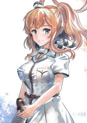 Rule 34 | 1girl, anchor necklace, blue eyes, breast pocket, brown hair, dress, fuuka hatsuden, gloves, hair between eyes, highres, jewelry, kantai collection, looking at viewer, necklace, one-hour drawing challenge, pocket, ponytail, saratoga (kancolle), saratoga mk ii (kancolle), side ponytail, sidelocks, single glove, smile, smokestack hair ornament, solo, white background, white dress