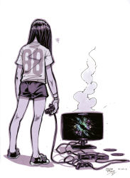 Rule 34 | 88 (vashperado), androgynous, broken, commentary, controller, converse, dualshock, from behind, full body, game console, game controller, gamepad, gender request, long hair, monochrome, original, playstation 1, playstation controller, shirt, shoes, shorts, simple background, sneakers, solo, standing, t-shirt, television, vashperado