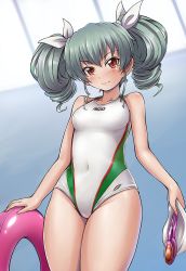 Rule 34 | 10s, 1girl, anchovy (girls und panzer), competition swimsuit, girls und panzer, goggles, gradient background, grey hair, innertube, long hair, one-piece swimsuit, red eyes, solo, solokov (okb-999), standing, swim cap, swim ring, swimsuit, twintails, unworn goggles, unworn swim cap