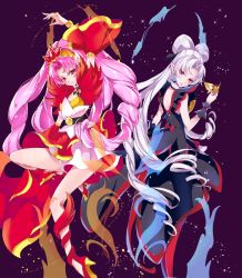 Rule 34 | 2girls, akagi towa, arm up, belt, bracelet, chiyo (rotsurechiriha), choker, cure scarlet, curly hair, detached collar, detached sleeves, dual persona, earrings, fire, full body, go! princess precure, highres, jewelry, long hair, looking back, magical girl, mask, unworn mask, multiple girls, nail polish, pantyhose, pink hair, pointy ears, precure, purple background, quad tails, red eyes, red footwear, red legwear, shoes, simple background, skirt, twilight (go! princess precure), white hair, wrist cuffs