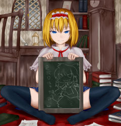 Rule 34 | 1girl, alice margatroid, bad id, bad pixiv id, black thighhighs, blonde hair, blue eyes, capelet, chair, chalkboard, female focus, grin, hairband, hakurei reimu, inkwell, quill, short hair, silver bell (artist), sitting, smile, solo, spread legs, thighhighs, touhou