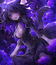 Rule 34 | 1girl, animal ears, black hair, blood, blood on face, blush, breasts, cat ears, cat girl, cat tail, colored tips, commission, dress, han (ateez hncrn), large breasts, long hair, looking at viewer, looking back, multicolored hair, open mouth, original, purple eyes, purple hair, purple theme, skeb commission, solo, tail