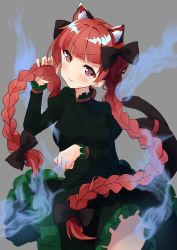 Rule 34 | 1girl, animal ear fluff, animal ears, arms up, blunt bangs, blush, braid, breasts, cat ears, cat tail, commentary, cowboy shot, dress, extra ears, fang, floating clothes, green dress, grey background, hair ribbon, head tilt, highres, hitodama, holding, holding own hair, juliet sleeves, kaenbyou rin, long sleeves, looking at viewer, medium breasts, paw pose, puffy sleeves, red eyes, red hair, ribbon, short hair, simple background, skin fang, smile, solo, standing, tail, touhou, tsushi, twin braids