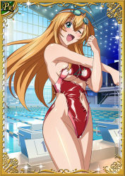 Rule 34 | 00s, 1girl, bare legs, breasts, card (medium), curvy, female focus, happy, ikkitousen, large breasts, long hair, looking at viewer, one-piece swimsuit, one eye closed, open mouth, shiny skin, smile, sonsaku hakufu, swimsuit, water, wink