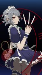 Rule 34 | 1girl, absurdres, ass, back bow, bow, braid, bridal garter, dress, frilled dress, frills, from behind, frown, grey hair, hair bow, half-closed eyes, highres, holding, holding knife, holding pocket watch, iiasun, izayoi sakuya, knife, looking at viewer, looking back, maid, maid headdress, no panties, pocket watch, red eyes, short hair with long locks, short sleeves, side braid, solo, touhou, watch, wrist cuffs