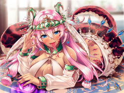 Rule 34 | 1girl, armlet, blue eyes, blush, bracelet, breasts, butt crack, cleavage, detached sleeves, fang, fingernails, forked tongue, gem, hair between eyes, hasumi (hasubatake39), highres, jewelry, lamia, large breasts, long fingernails, long hair, long tongue, looking at viewer, lying, monster girl, nail polish, ok sign, on stomach, open mouth, original, pink hair, scales, see-through, solo, tiara, tongue