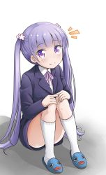 Rule 34 | 1girl, blush, breasts, closed mouth, flower, hair flower, hair ornament, highres, kayama kenji, long hair, looking at viewer, new game!, purple eyes, purple hair, slippers, small breasts, smile, solo, suzukaze aoba, twintails, very long hair