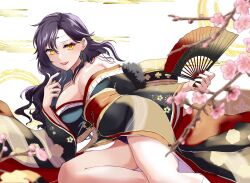 Rule 34 | 1girl, alternate costume, azur lane, bare shoulders, black hair, black kimono, breasts, cherry blossoms, circlet, cleavage, collarbone, commission, commissioner upload, cosplay, earrings, fingernails, fire emblem, fire emblem: the blazing blade, folding fan, friedrich der grosse (azur lane), friedrich der grosse (azur lane) (cosplay), friedrich der grosse (dark raiments of gagaku) (azur lane), friedrich der grosse (dark raiments of gagaku) (azur lane) (cosplay), fur-trimmed kimono, fur trim, hand fan, highres, holding, holding fan, japanese clothes, jewelry, kimono, large breasts, lipstick, long fingernails, long hair, looking at viewer, low neckline, makeup, mature female, mu tu bu, nabatame hitomi, nail polish, new year, nintendo, non-web source, off shoulder, panties, panty peek, pixiv commission, purple panties, red nails, red sash, sash, smile, solo, sonia (fire emblem: the blazing blade), thighs, underwear, voice actor connection, yellow eyes
