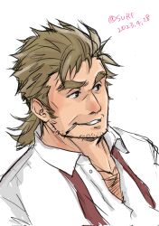 Rule 34 | 1boy, bara, black eyes, brown hair, chest hair, cigarette, collared shirt, commentary request, dated, facial hair, goatee stubble, grin, highres, long sideburns, looking to the side, low ponytail, male focus, mature male, mononobe kyoma, necktie, partially unbuttoned, red necktie, safu (maimai3737), shirt, sideburns, simple background, smile, solo, stubble, thick eyebrows, tokyo houkago summoners, twitter username, undone necktie, upper body, white background, white shirt