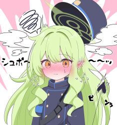 1girl black_hat black_jacket blue_archive blush buttons closed_mouth commentary demon_girl demon_tail double-breasted ear_blush embarrassed expressive_tail flying_sweatdrops full-face_blush green_hair green_halo hair_intakes halo hat highres hikari_(blue_archive) jacket long_hair looking_at_viewer nose_blush orange_eyes pink_background pointy_ears sidelocks simple_background sirohosi_893 solo sound_effects speech_bubble spoken_squiggle squiggle sweatdrop tail tail_raised unworn_hat unworn_headwear upper_body very_long_hair wavy_hair